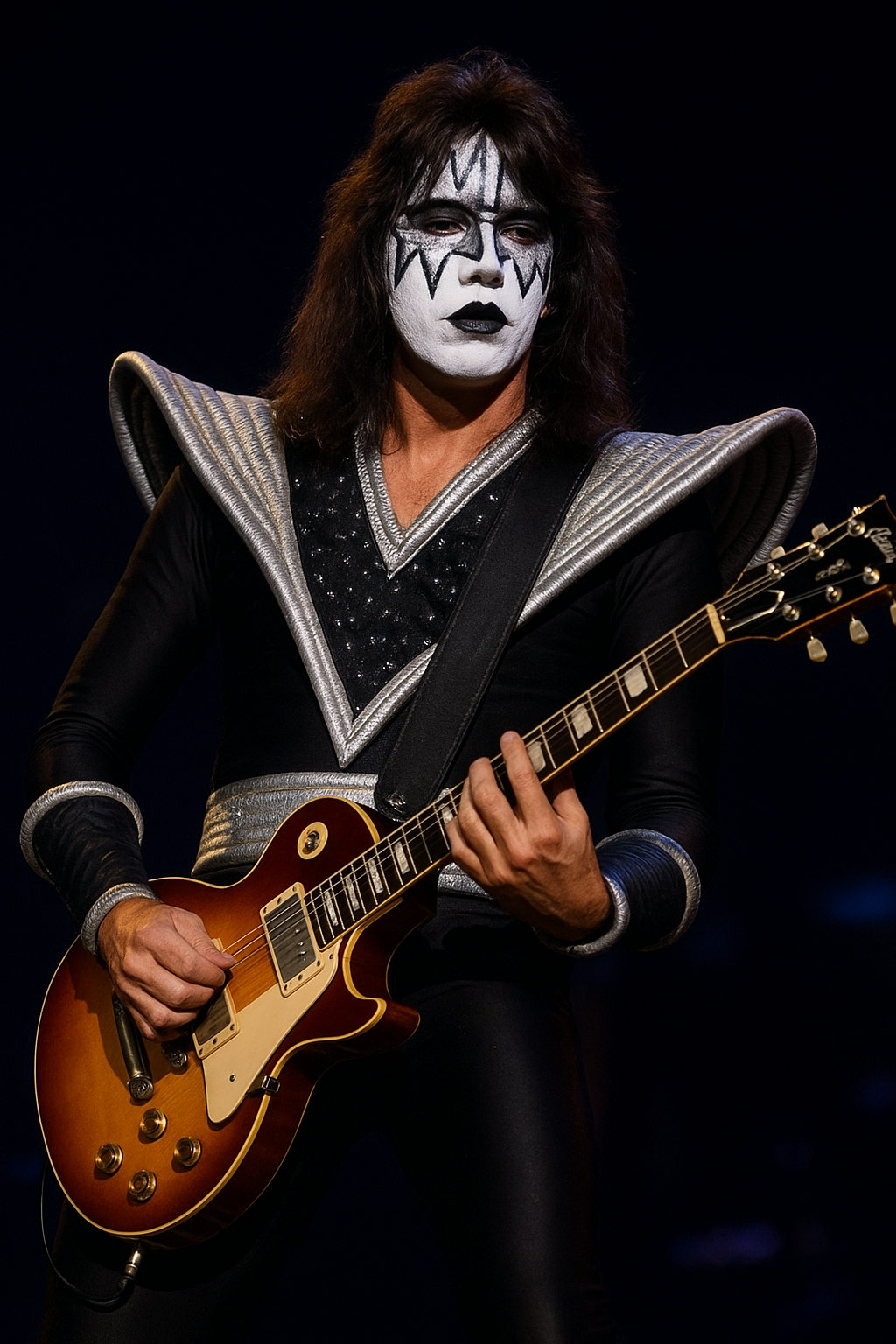 Ace Frehley performing live on stage in his iconic Spaceman KISS costume