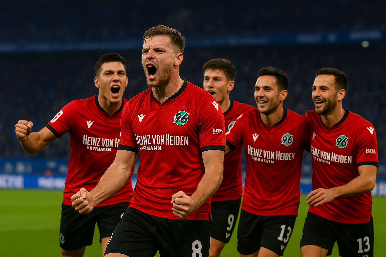 Hannover 96 players celebrating a goal against Schalke 04 at HDI Arena, showing team spirit and intense emotions during the Bundesliga 2 match.